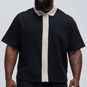 Fashion Nova Black Polo with Cream Zip-Trim Collar